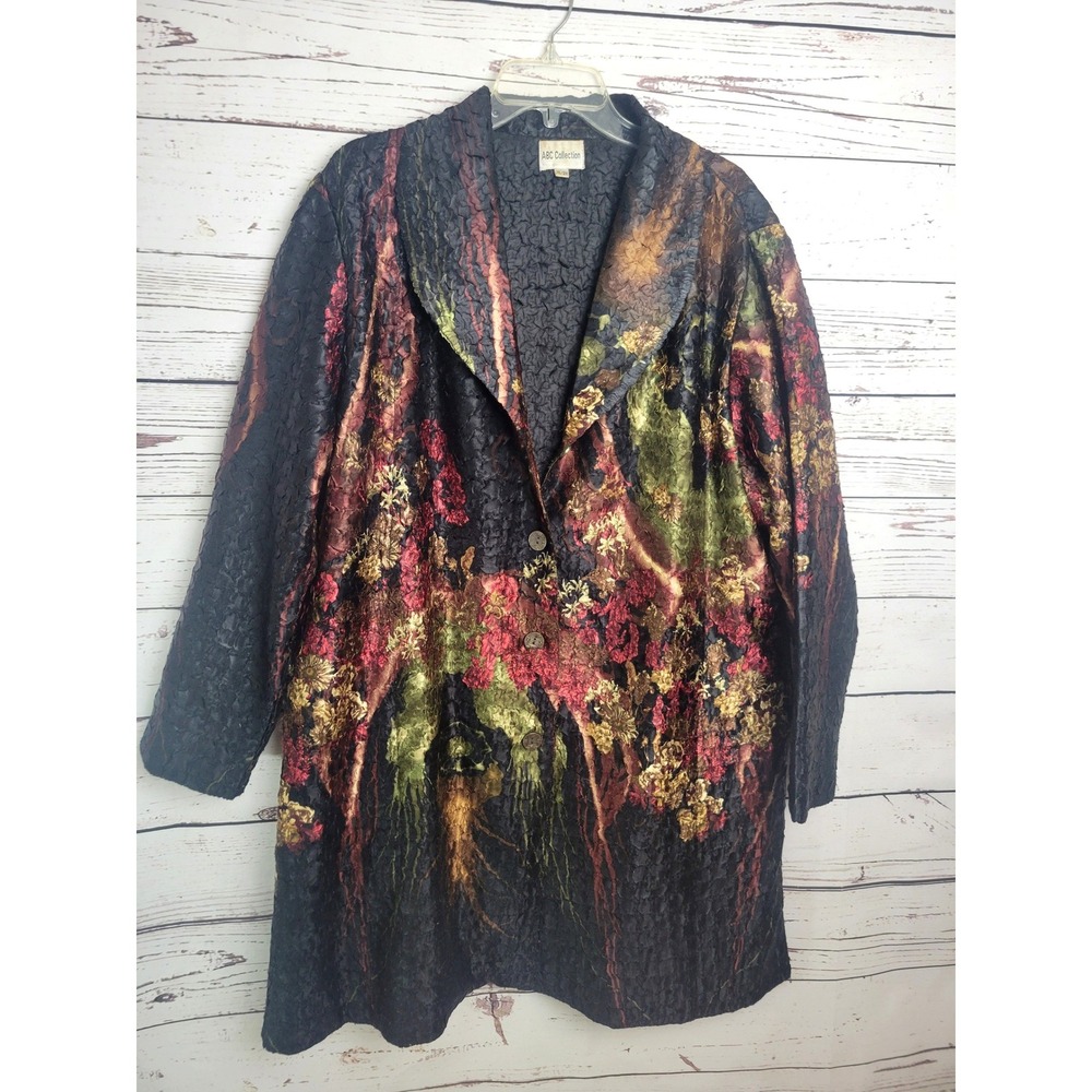 Vtg ABC Collection Jacket Art to Wear Floral Crinkle Longline Black Pink XL-2X
